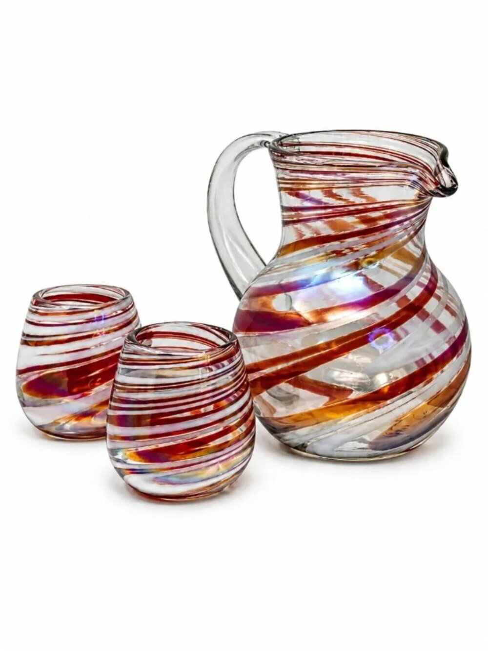Eco Friendly Handblown Recycled Glass Pitcher Set with 2 Tumblers Red Swirl - Picture 4 of 5